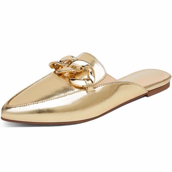 Juliet Holy Shoes - Gold Chain Detail Pointed Toe Mules Womens 7 Slip On Metallic Loafers Flats Chic